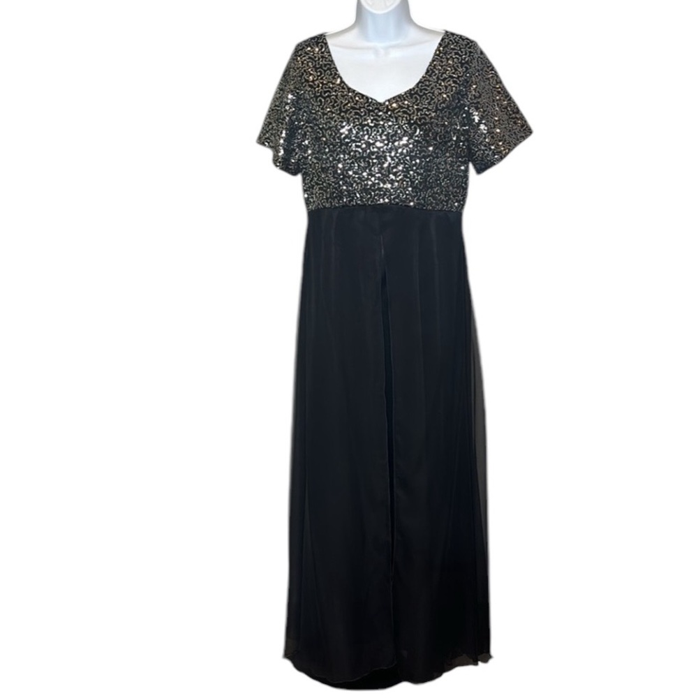 Rivar’s - Silver Sequin Black Satin & Sheer Gown - Size Large